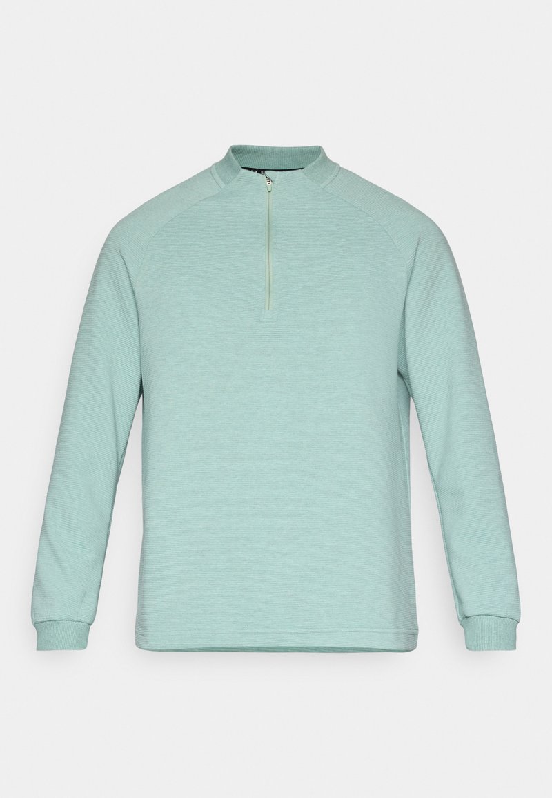 Sweat-shirt pull vert clair à manches longues, col à demi-fermeture éclair, poignets côtelés et tissu à motif texturé.