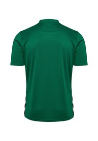 Grön atletisk tröja i slät tyg, med korta ärmar, krage och svarta samt vita detaljer längs sidorna.