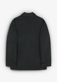 Blazer de patrón de espiga oscuro, tejido texturizado, solapa de muesca, puños de dos botones, abertura trasera, ajuste estructurado, diseño unisex.