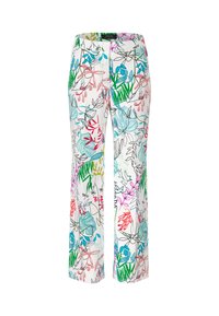 Weiße weiter Bein-Hosen mit einem mehrfarbigen Blumenmuster in Blau, Pink, Grün und schwarzen Akzenten. Glattes Gewebe und maßgeschneiderter Schnitt.