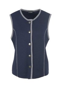 Marineblaues ärmelloses Vest aus Strickstoff, mit grauem Besatz, fünf metallischen Knöpfen auf der Vorderseite und einem runden Halsausschnitt.