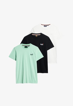 Drie T-shirts met korte mouwen: één mintgroen, één zwart, één wit. Elk heeft een klein logo op de borst en een ronde hals.