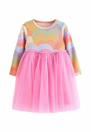 Abito a maniche lunghe a costine con un motivo ondulato multicolore in tonalità pastello, rifinito con una gonna in tulle rosa. Vita con elastico.