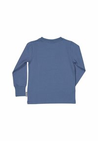 Långärmad blå t-shirt med rund hals som ligger platt och visar baksidan, med ribbade cuffs och en liten sidetikett på vänstra fållen.