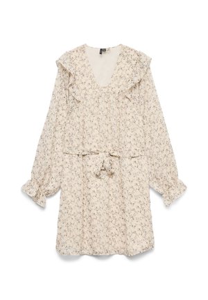 Abito stampato floreale in beige, con scollatura arricciata, maniche lunghe con polsini elasticizzati e una cintura in vita per una vestibilità regolabile.