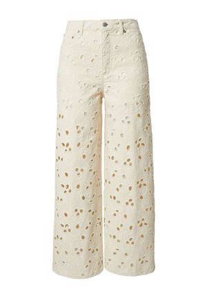 Cream-colored wide-leg pants with floral eyelet embroidery and a high waist, featuring front button and belt loops.