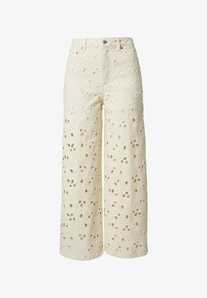 Cream-colored wide-leg pants with floral eyelet embroidery and a high waist, featuring front button and belt loops.