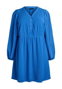 Sininen mekko, jossa on pitkät puff-hihat, V-pääntie ja napit. Sisältää rakenneviiruja, joissa on kohotettuja pisteitä. Rypytetty hame.