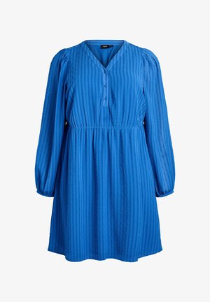 Blue dress with long puff sleeves, V-neckline, and button details. Features a textured striped pattern with raised dots. Flared skirt design.