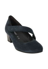 Décolleté in suede blu scuro con punta arrotondata e cinturino incrociato con dettagli di gemme decorative. Tacco basso a blocco e rivestimento liscio.