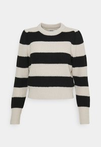 Pull en maille à manches longues avec larges rayures horizontales noires et beiges et un col rond.