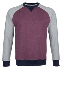 Bluza z okrągłym dekoltem z bordowym przodem, szarymi raglanowymi rękawami i granatowym ściągaczem. Wykonana z miękkiego materiału, zaprojektowana dla wygody.