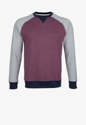 Bluza z okrągłym dekoltem z bordowym przodem, szarymi raglanowymi rękawami i granatowym ściągaczem. Wykonana z miękkiego materiału, zaprojektowana dla wygody.