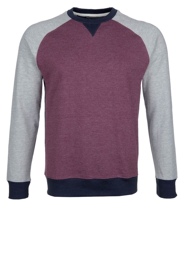 Bluza z okrągłym dekoltem z bordowym przodem, szarymi raglanowymi rękawami i granatowym ściągaczem. Wykonana z miękkiego materiału, zaprojektowana dla wygody.