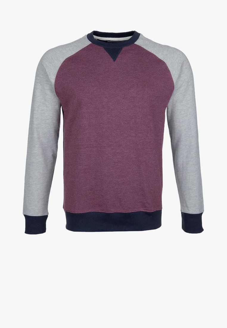 Bluza z okrągłym dekoltem z bordowym przodem, szarymi raglanowymi rękawami i granatowym ściągaczem. Wykonana z miękkiego materiału, zaprojektowana dla wygody.