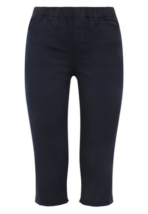 Mørkeblå cropped bukser med en glat stof, elastisk talje, forlommer og stikninger. Hæmmet når midt på læggen.