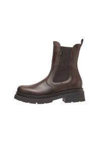 Bottines en cuir brun avec des panneaux élastiques sur les côtés, une semelle en caoutchouc robuste et une boucle à l'arrière pour un enfilage facile.