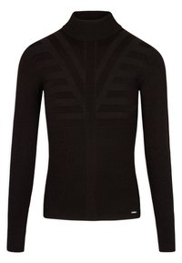 Suéter negro de manga larga con cuello alto, con dobladillo y mangas acanaladas, que presenta patrones geométricos texturizados en el pecho y la parte superior de los brazos.