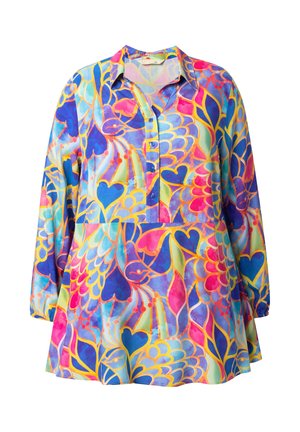 Kleurige blouse met lange mouwen, voorzien van een levendig bloemen- en hartpatroon, met een kraag en knopen aan de voorkant. Gemaakt van lichtgewicht stof.