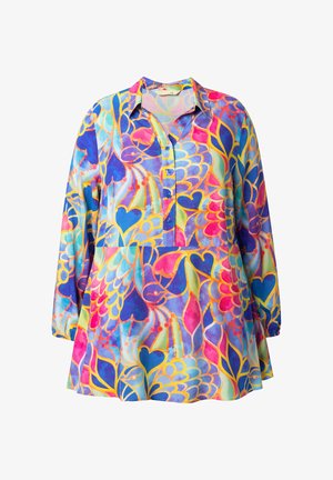 Blusa a maniche lunghe colorata con un vivace motivo floreale e a cuore, dotata di colletto e chiusura con bottoni. Realizzata in tessuto leggero.