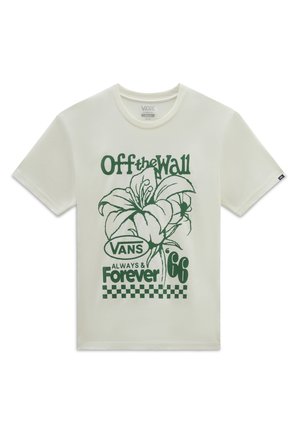 Wit Vans T-shirt met groene afbeelding van een grote bloem, spin, dambord en tekst met de woorden "Off the Wall", "Always & Forever" en "'66."