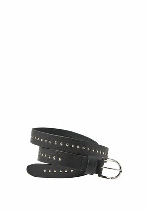 Zwarte leren riem met zilverkleurige ronde studs gelijkmatig verdeeld over de lengte en een zilverkleurige metalen gesp.