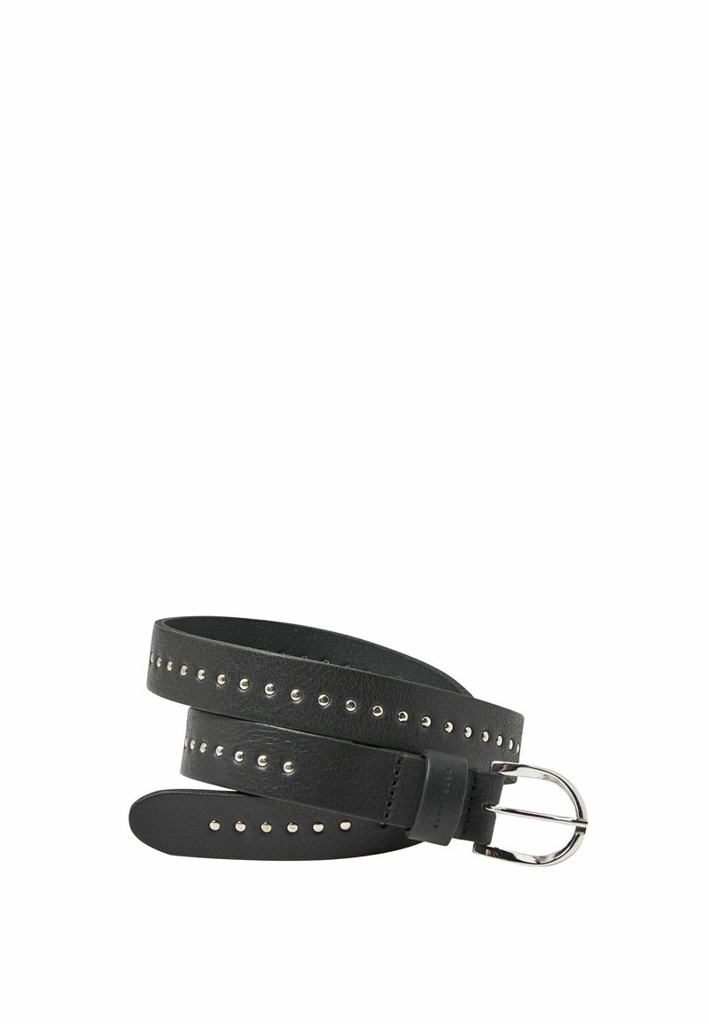 Ceinture en cuir noir avec des clous ronds argentés uniformément espacés sur toute sa longueur et une boucle en métal argenté.