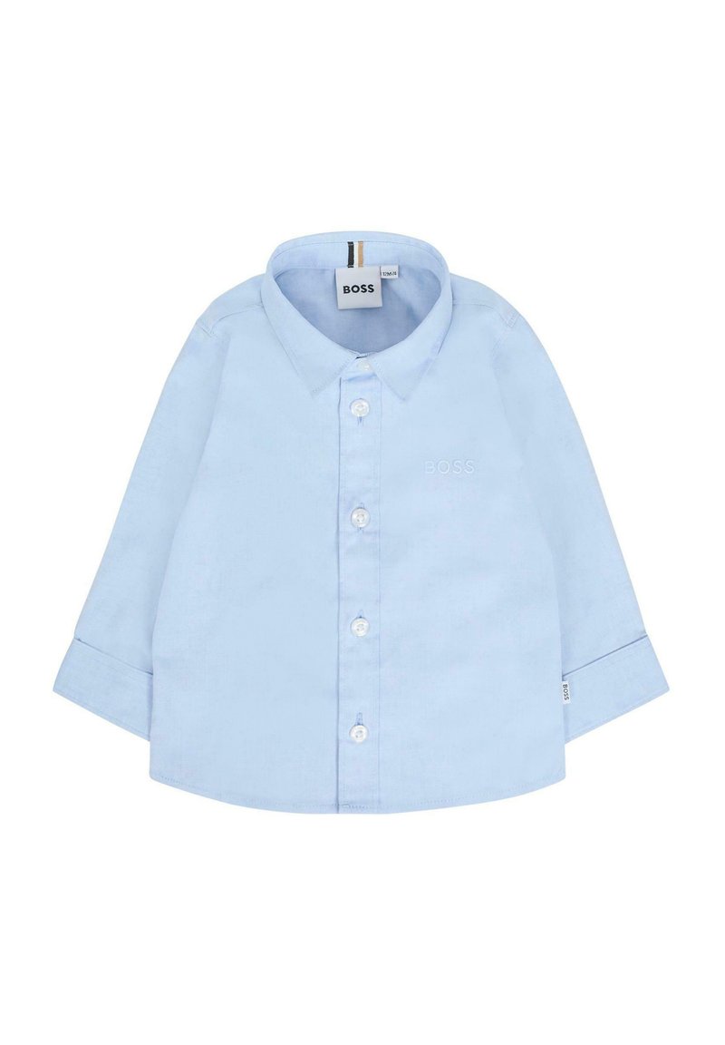 Camicia a maniche lunghe azzurro chiaro in cotone, con colletto button-down, bottoni anteriori e logo "BOSS" ricamato.