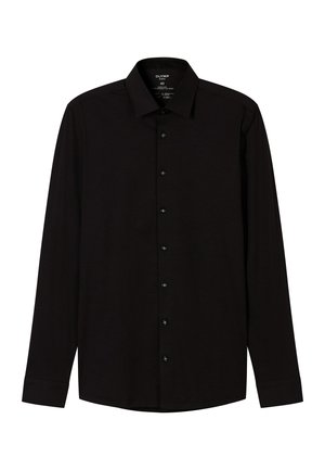 Zwarte heren blouse met lange mouwen, knoopsluiting aan de voorkant en klassieke kraag, maat 40, plat liggend tegen een witte achtergrond.