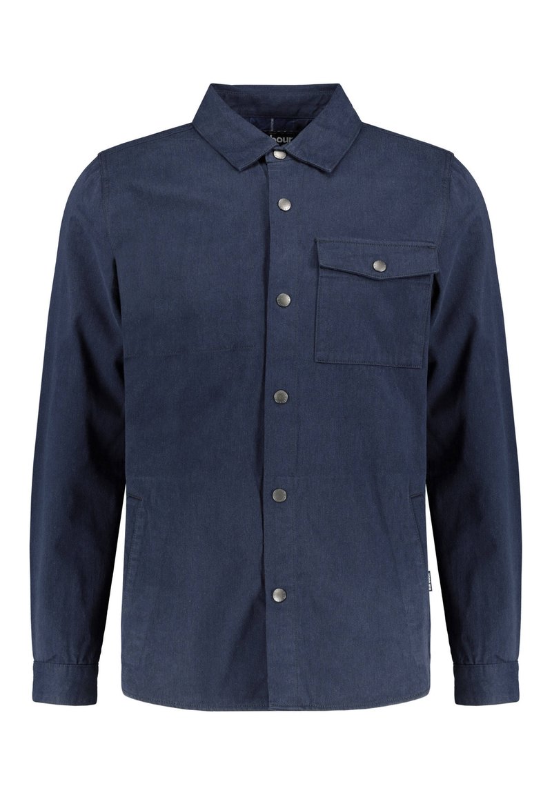 Granatowa kurtka wykonana z teksturowanej tkaniny, z zapięciem na guziki z przodu, spiczastym kołnierzem, kieszenią naszywaną i metalowymi zatrzaskami.