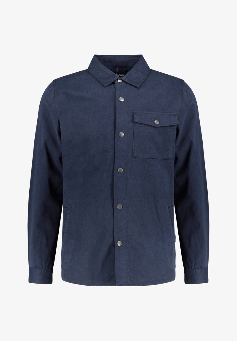 Granatowa kurtka wykonana z teksturowanej tkaniny, z zapięciem na guziki z przodu, spiczastym kołnierzem, kieszenią naszywaną i metalowymi zatrzaskami.