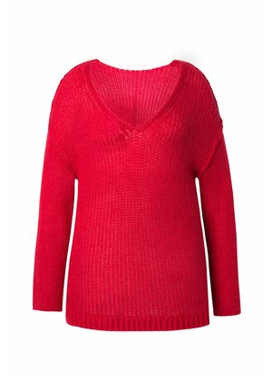 Roter gestrickter Pullover mit V-Ausschnitt, langen Ärmeln, dicker Textur und geripptem Saum. Der Stoff hat ein offenes Webmuster.