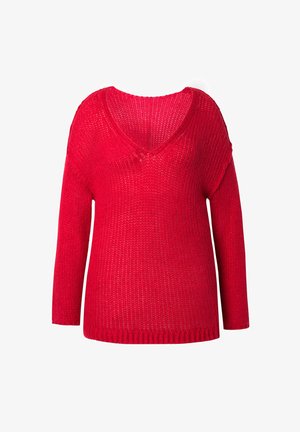 Czerwony sweter dzianinowy z dekoltem w kształcie litery V, długimi rękawami, grubą teksturą i ściągaczem na dole. Materiał ma otwarty wzór tkacki.