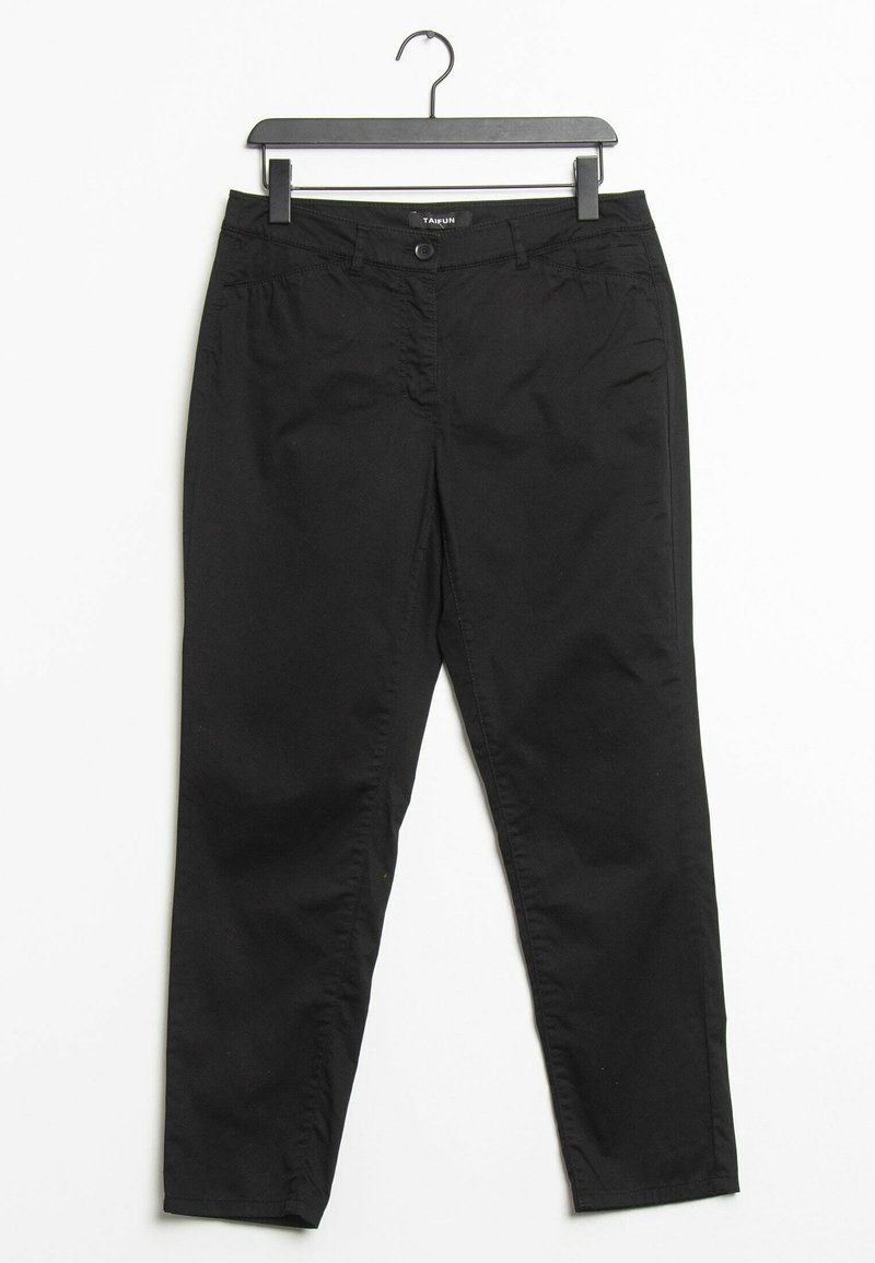Pantaloni in cotone neri con un design a gamba dritta, dotati di tasche frontali, chiusura a bottone e una texture sottile.