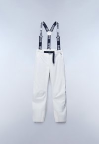White waterproof pants with dark blue adjustable suspenders, a belt, and visible knee padding. Smooth texture with subtle sheen.
