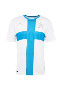 Valkoinen jalkapalloilu paita, jossa on sininen risti -design, pyöreä kaula-aukko, lyhyet hihat. Rinnassa logo ja teksti. Valmistettu kevyestä kankaasta.
