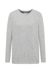 Ljust grå långärmad topp med en texturerad fiskbensmönster. Har en rundad halslinning och en avslappnad passform. Varumärkesetikett synlig inuti.