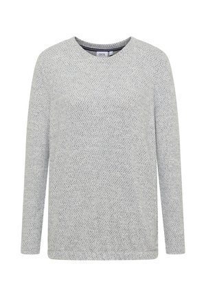 Lys grå langærmet top i et struktureret herringbone-mønster. Har en rund halsudskæring og en afslappet pasform. Mærket er synligt indeni.