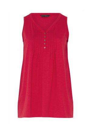 Mouwloze rode blouse met een V-hals, vijf knopen aan de voorkant en verticale plooien langs de borst.