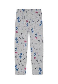 Hellgraue Leggings mit floralem Muster in Blau, Pink und Schwarz. Weicher Stoff, figurbetontes Design und elastischer Bund.