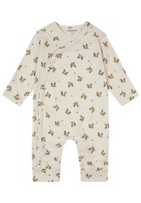 Beige biologisch katoenen baby romper met bloemen cactus print, wikkelontwerp, lange mouwen en drukknoopjes aan de zijkant voor eenvoudig aankleden.