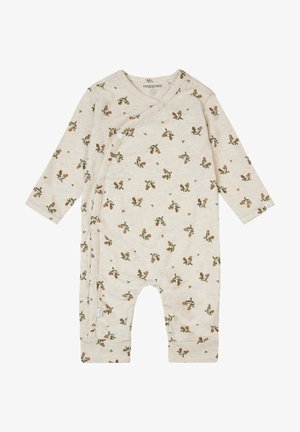 Beige biologisch katoenen baby romper met bloemen cactus print, wikkelontwerp, lange mouwen en drukknoopjes aan de zijkant voor eenvoudig aankleden.