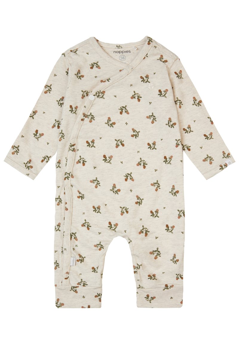 Beige biologisch katoenen baby romper met bloemen cactus print, wikkelontwerp, lange mouwen en drukknoopjes aan de zijkant voor eenvoudig aankleden.