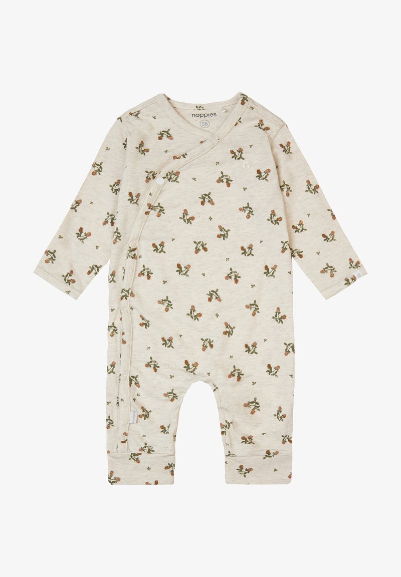 Beiger Babystrampler aus Bio-Baumwolle mit floralen Kaktusdrucken, Wickeldesign, langen Ärmeln und Druckknöpfen an der Seite für ein einfaches Ankleiden.