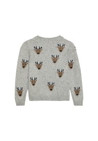 Grau gestrickter Pullover mit Rundhalsausschnitt, der ein sich wiederholendes Muster von braunen Rentierköpfen mit schwarzen Geweihen aufweist. Strukturierter Stoff und gerippte Bündchen.