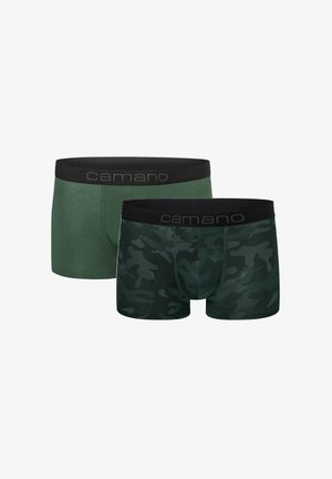 Two pairs of men's boxers: one solid dark green, the other green camo print. Both feature a black elastic waistband with "camano" branding.