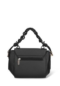 Borsa a mano nera con finitura testurizzata, forma strutturata, dettagli con manico intrecciato, tasca frontale con cerniera e dettagli in metallo color oro.