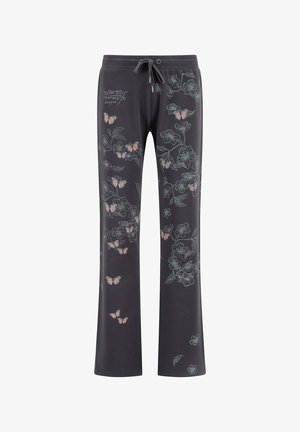 Dunkelgraue Sweatpants mit floralem und Schmetterlingsdruck in Hellblau und Pink. Sie verfügen über einen elastischen Bund mit Kordelzug für eine verstellbare Passform.