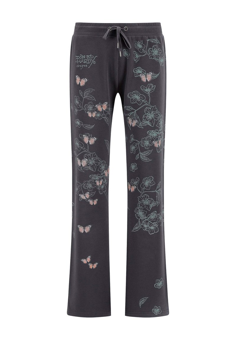 Mørkegrå sweatpants med blomster- og sommerfuglemotiver i lys blå og pink. Har en elastisk talje med snoretræk for justerbar pasform.