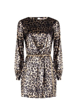 Abito in stampa leopardo oro e nero, con maniche lunghe, scollatura rotonda, vita arricciata e una cintura in catena dorata. Tessuto liscio e lucido.
